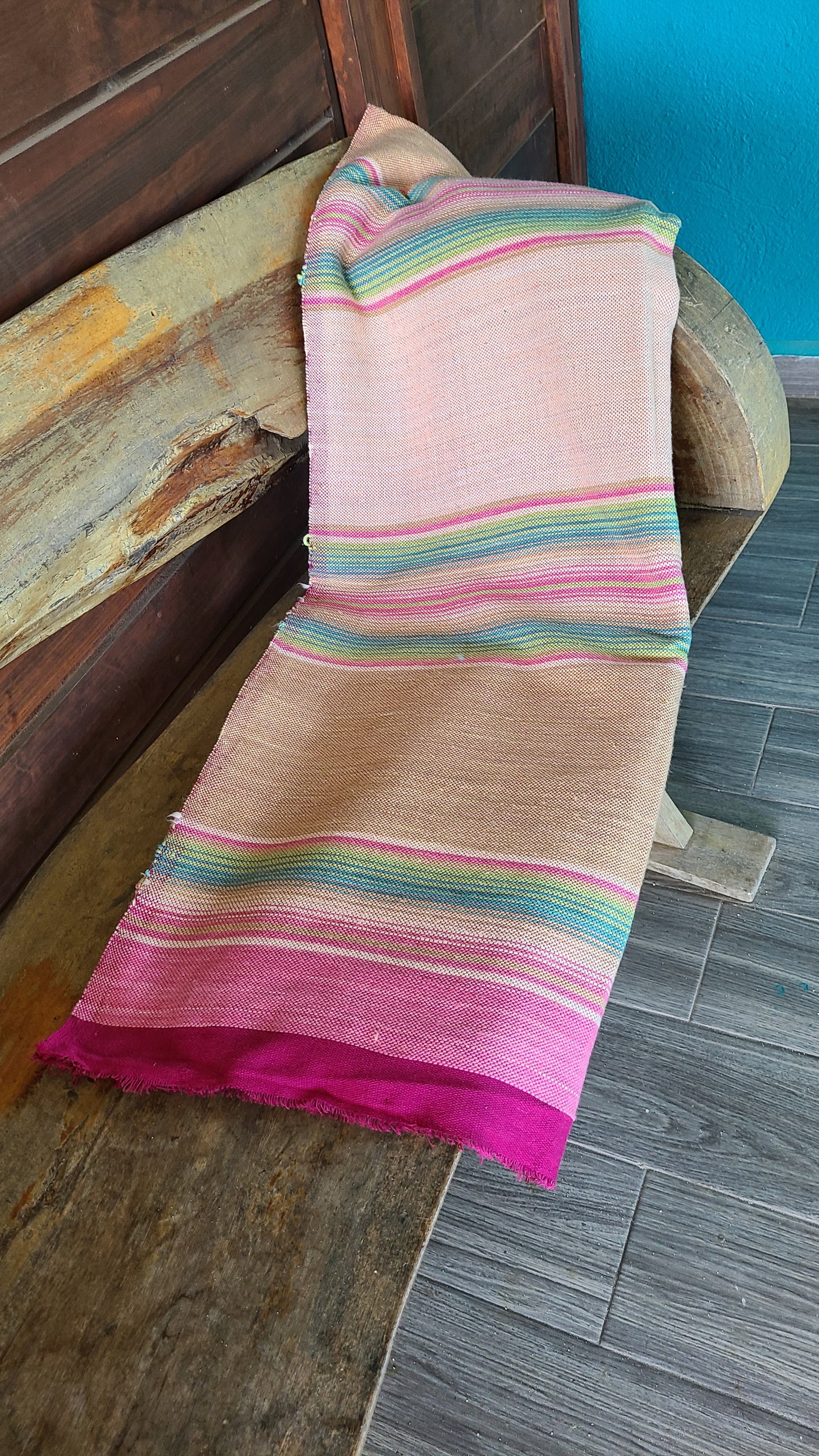 100% Cotton Beige Blue Pink Sarape Throw Blanket