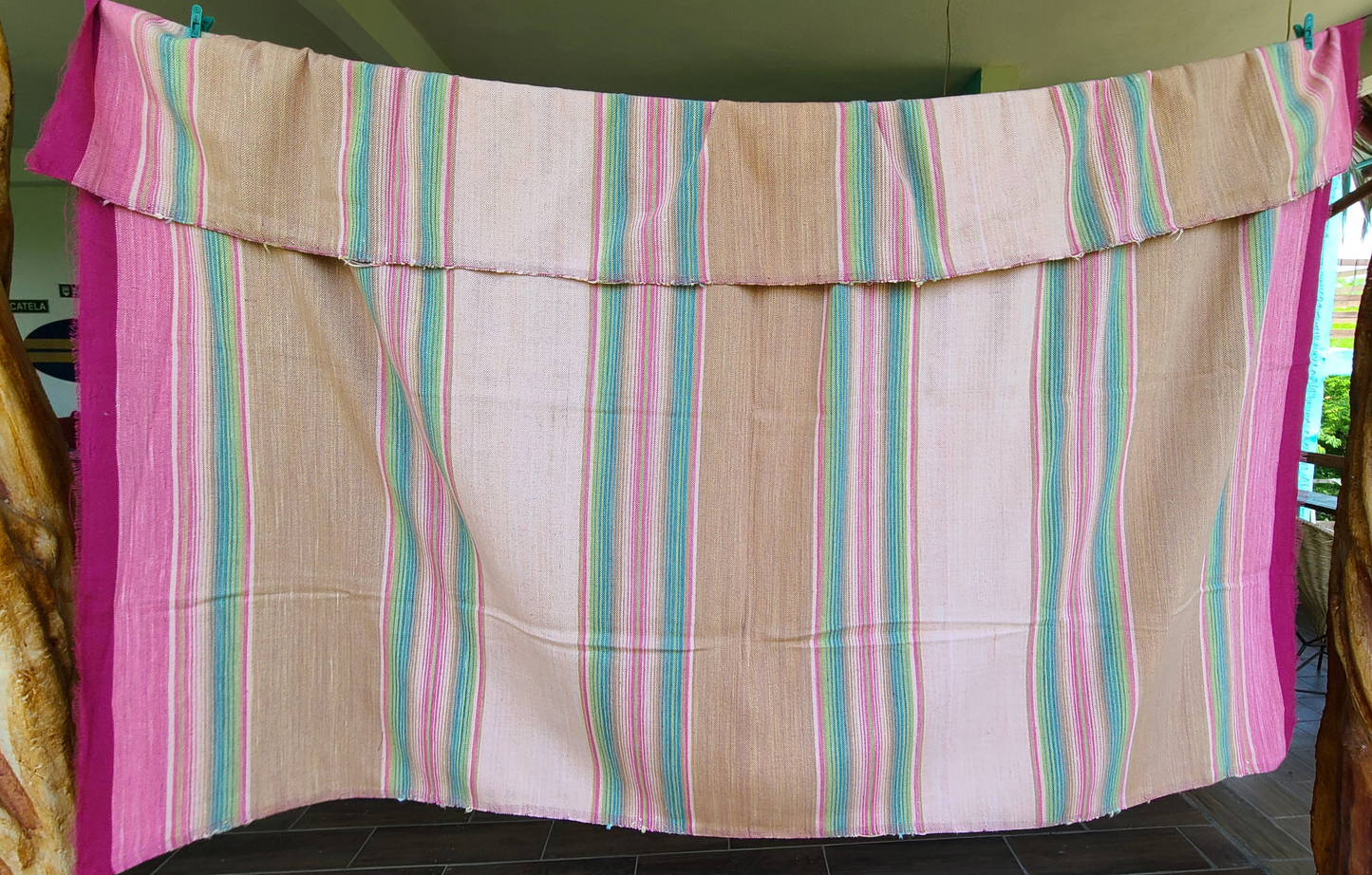 100% Cotton Beige Blue Pink Sarape Throw Blanket