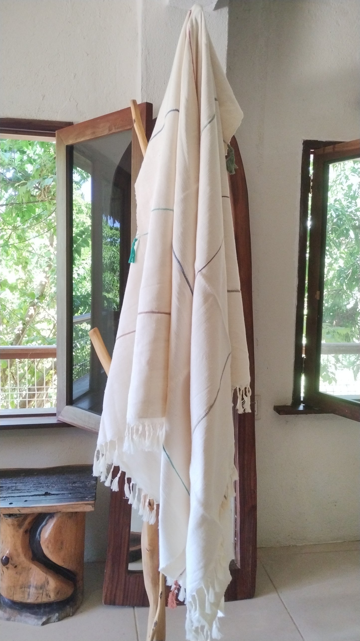 Cream Multi Color Tassel Cotton Beach Throw Rug.