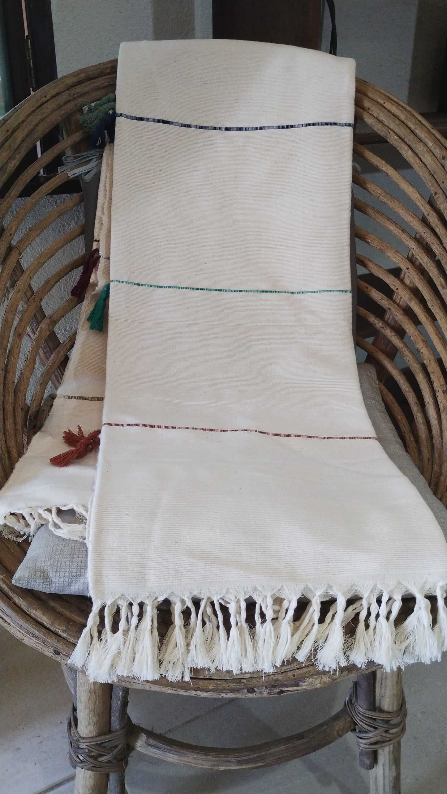 Cream Multi Color Tassel Cotton Beach Throw Rug.
