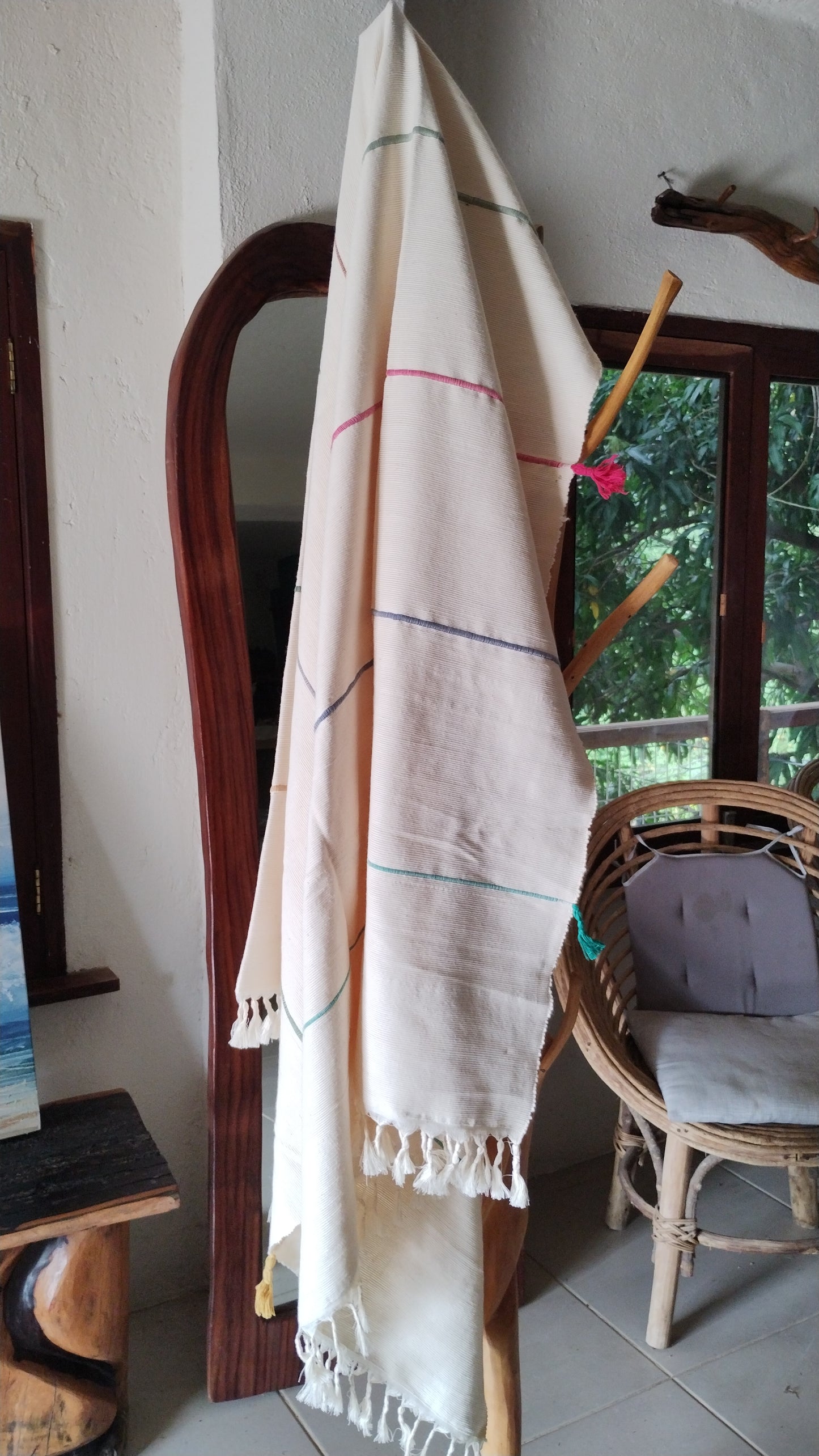 White with Multi-color Tassels Towel Blanket