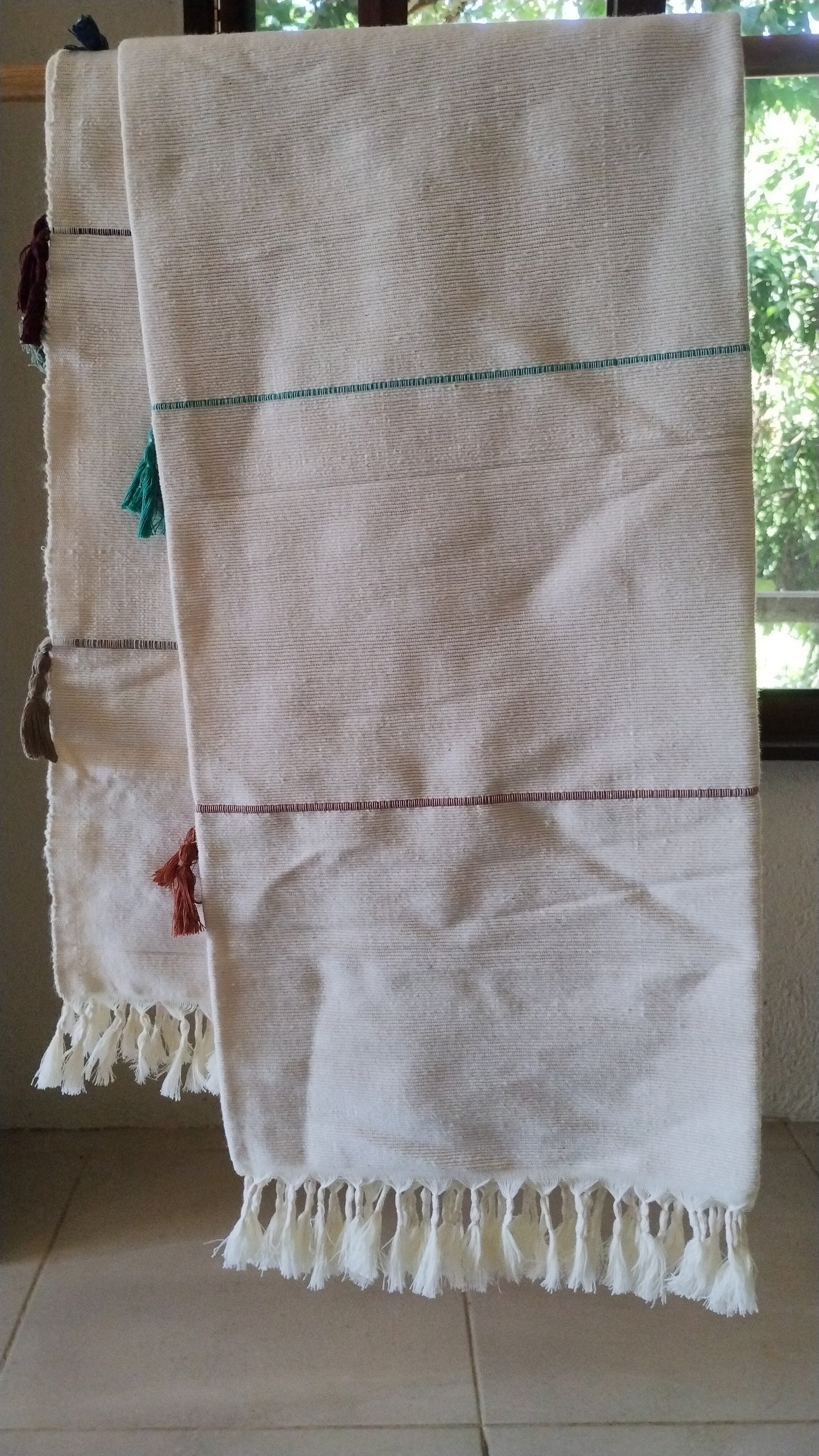 Cream Multi Color Tassel Cotton Beach Throw Rug.
