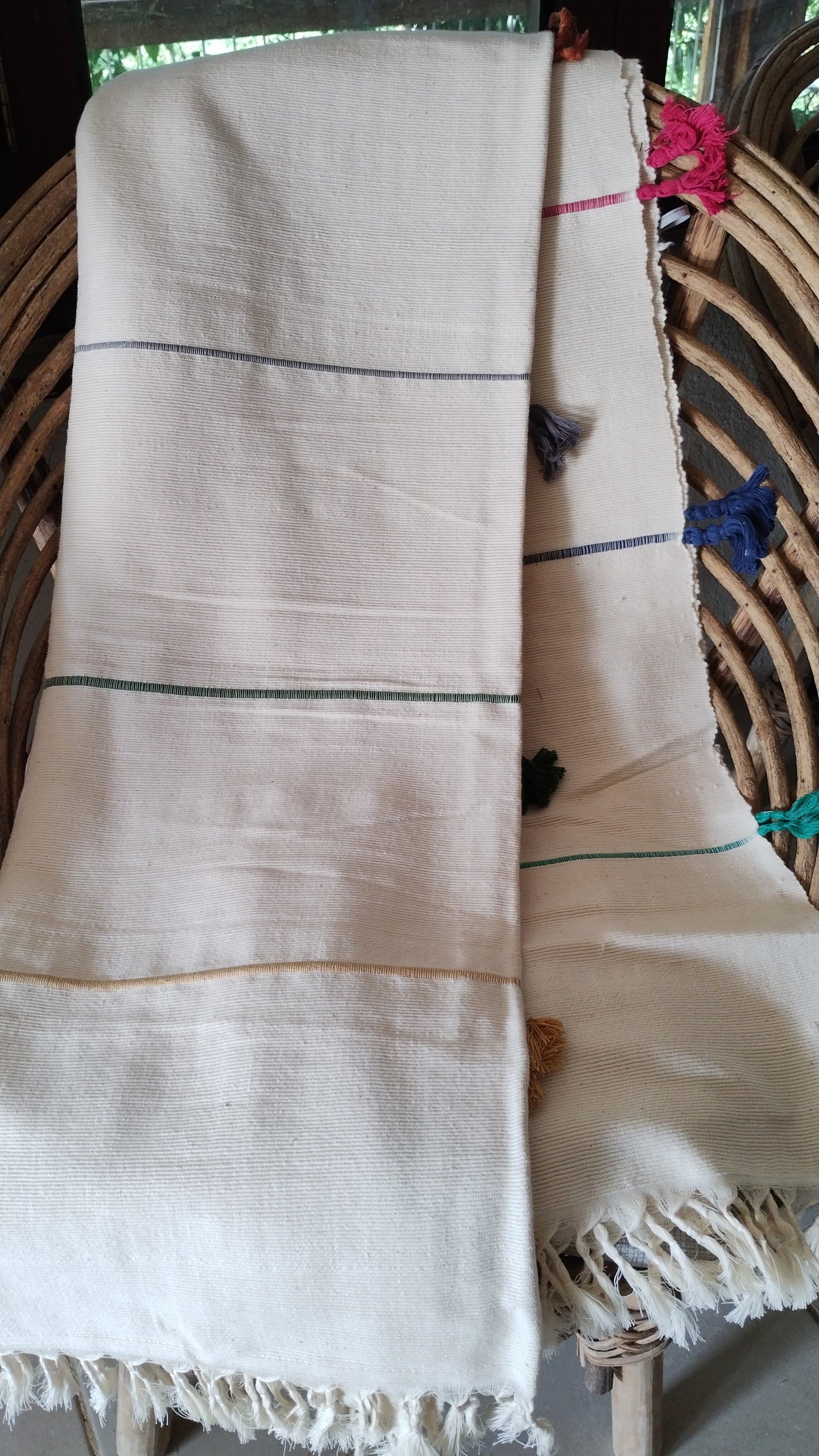 White with Multi-color Tassels Towel Blanket